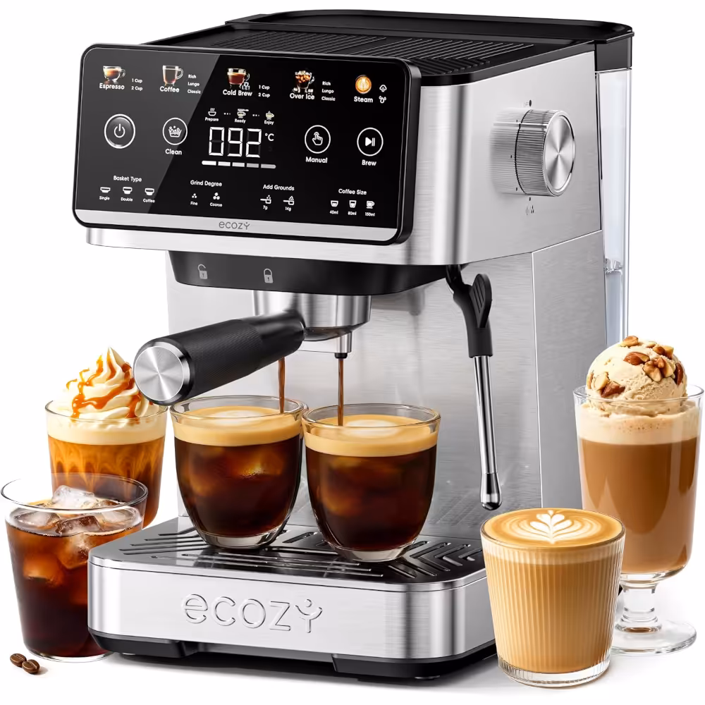 ecozy CM-PM020A Coffee Machine - Angled front view with various coffee drinks.